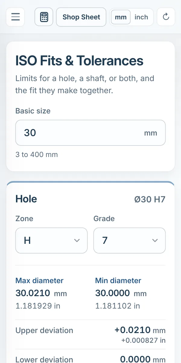 Fits and tolerances calculator