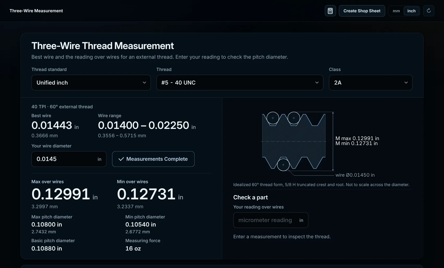Three-wire thread measurement calculator