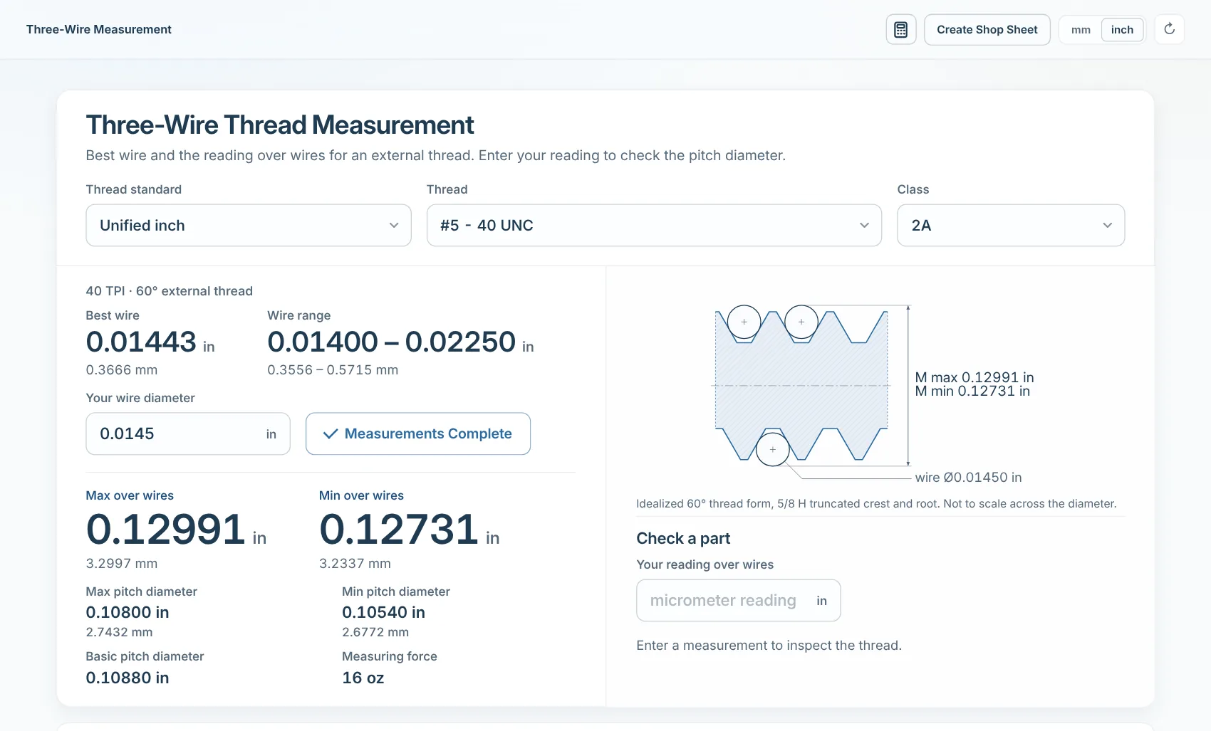 Three-wire thread measurement calculator
