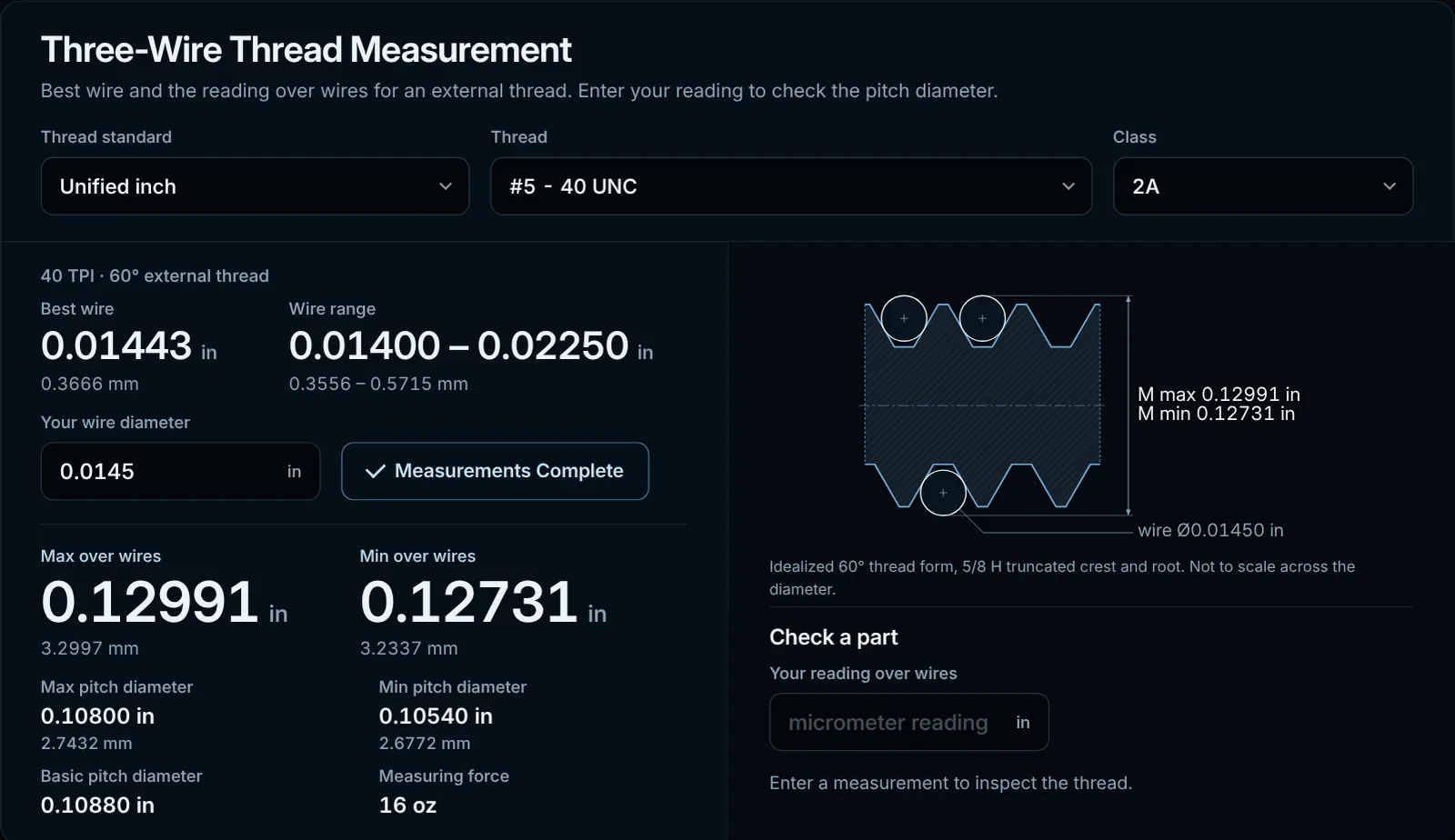 Three-wire measurement calculator
